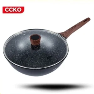 Chảo Chống Dính Vân Đá Maifan Cao Cấp CCKO 28cm/30cm, Tay Cầm Vân Gỗ, Nắp Kính Cường Lực