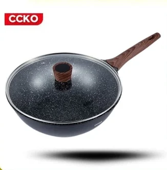 Chảo Chống Dính Vân Đá Maifan Cao Cấp CCKO 28cm/30cm, Tay Cầm Vân Gỗ, Nắp Kính Cường Lực