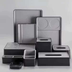 Bộ phụ kiện phòng khách sạn cao cấp nhựa ABS chống cháy, khay đựng đồ, hộp giấy, thiết kế sang trọng hiện đại