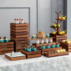 Kệ Gỗ Trưng Bày Buffet Bánh Tráng Miệng - Gỗ Thông Tự Nhiên Màu Óc Chó Sang Trọng