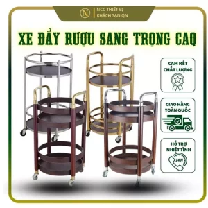Xe Đẩy Rượu Sang Trọng | Thương Hiệu CAQ Tay Cầm Inox, Khung Gỗ Cao Cấp, 2 Tầng.