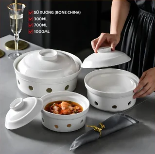 Bộ Bát Hâm Nóng Thức Ăn Sứ Xương Cao Cấp - 700ml Tiện Dụng